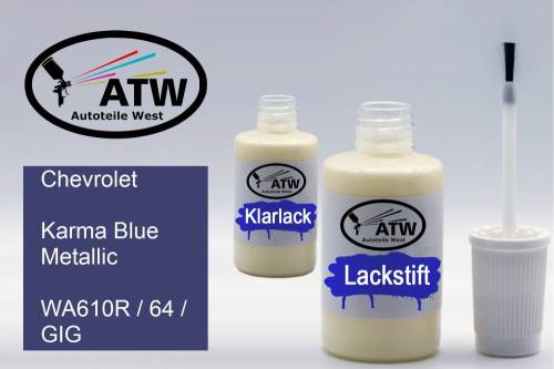 Chevrolet, Karma Blue Metallic, WA610R / 64 / GIG: 20ml Lackstift + 20ml Klarlack - Set, von ATW Autoteile West.